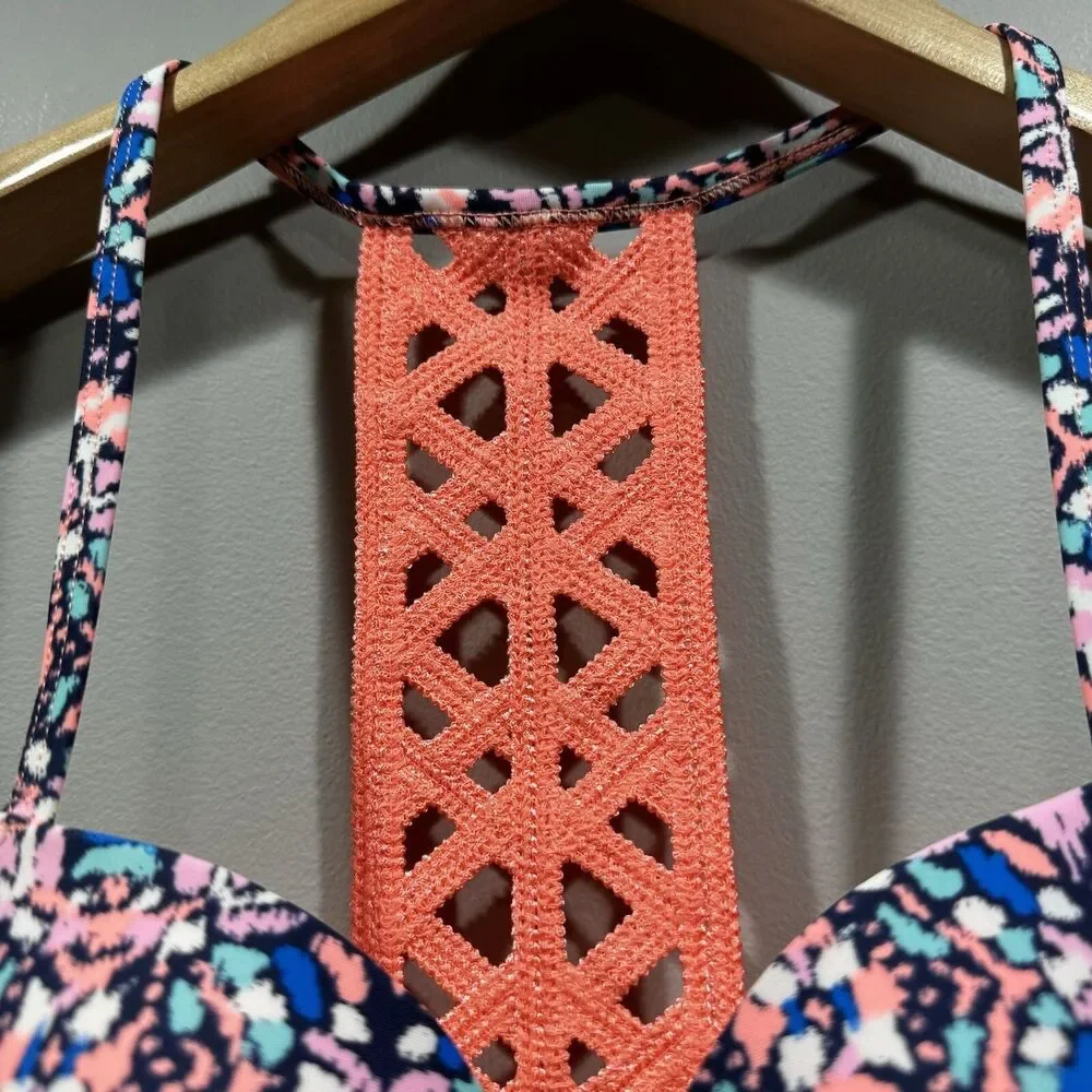 AERIE Womens Size 32B Tribal Pattern Racerback Bikini Top Coral Wired